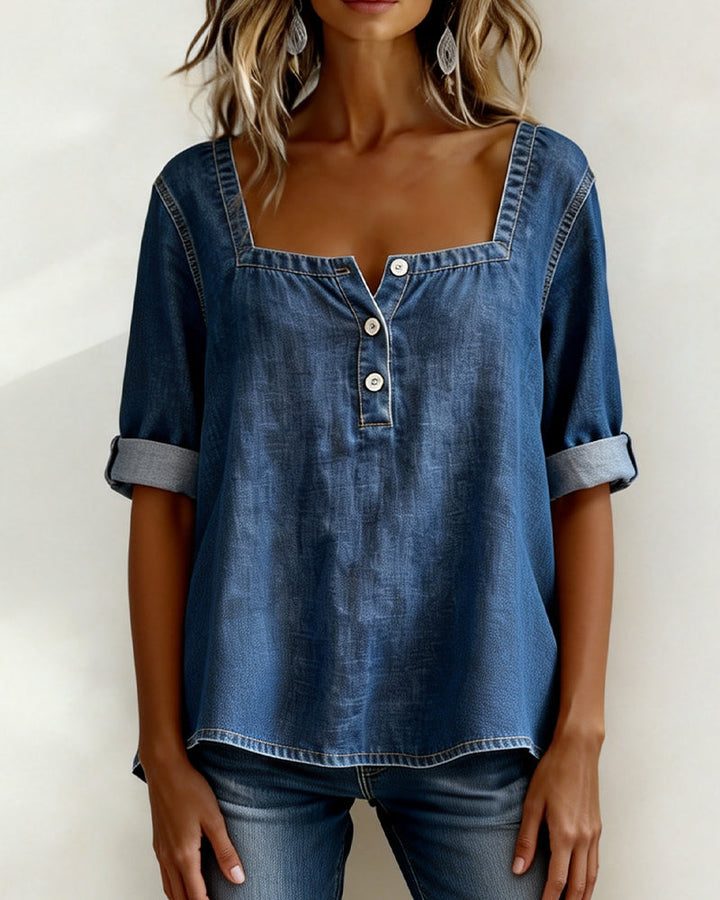 Avélia™ | Camicia in Denim con Collo Quadrato