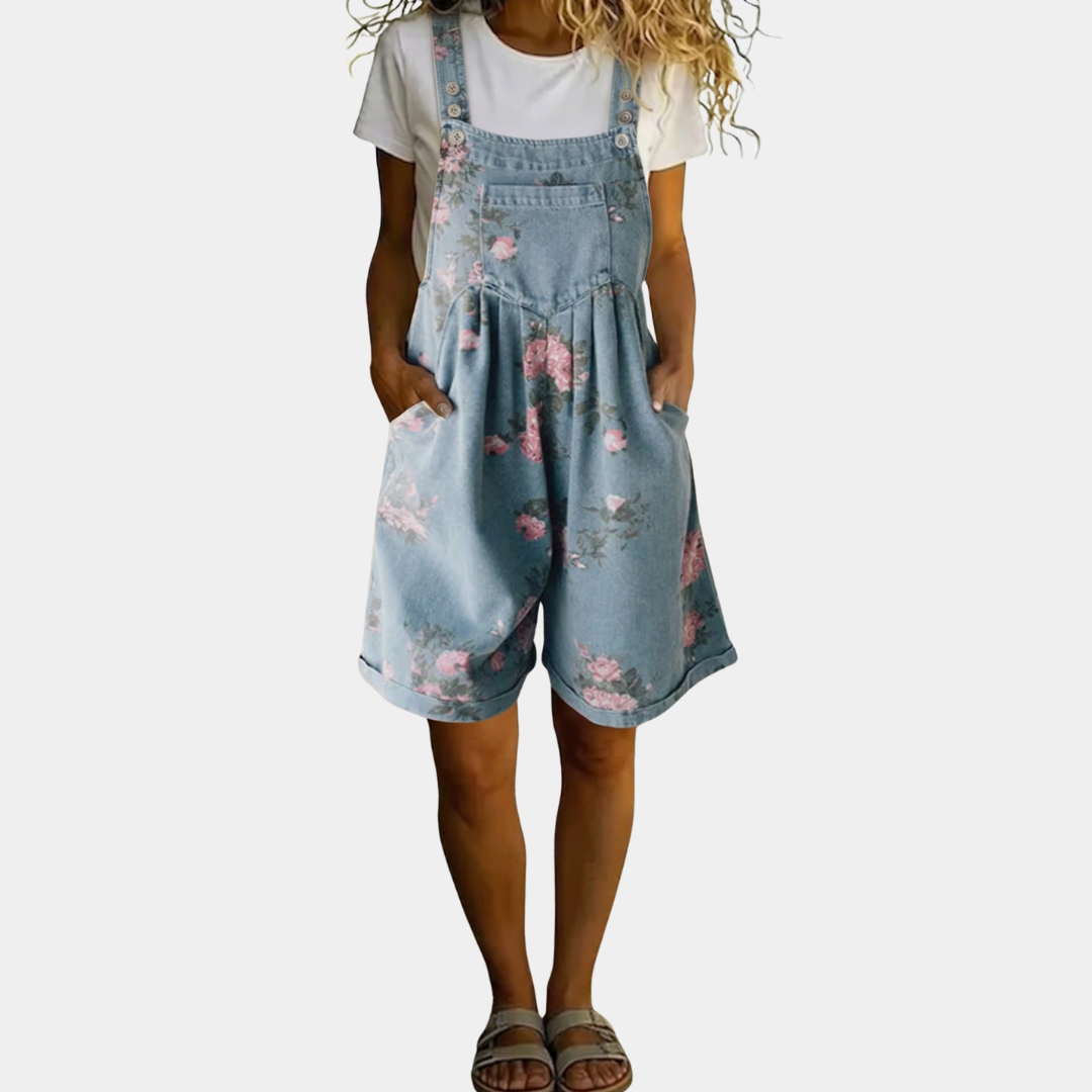 Judy™ | Salopette in Denim Lavato Vintage con Motivo Floreale