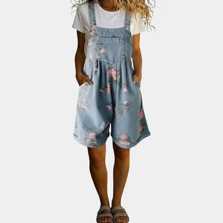 Judy™ | Salopette in Denim Lavato Vintage con Motivo Floreale