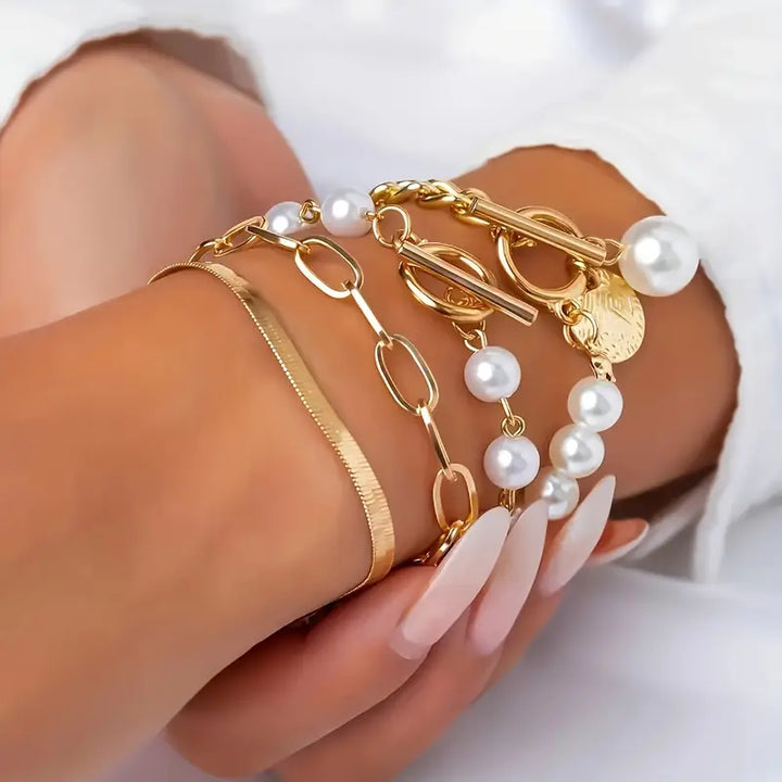 Set di 4 bracciali Chic Gold – Serpente, perle e maglie | Oro