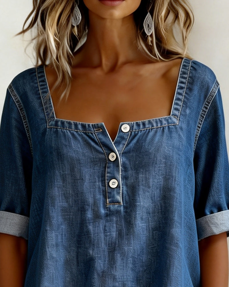 Avélia™ | Camicia in Denim con Collo Quadrato