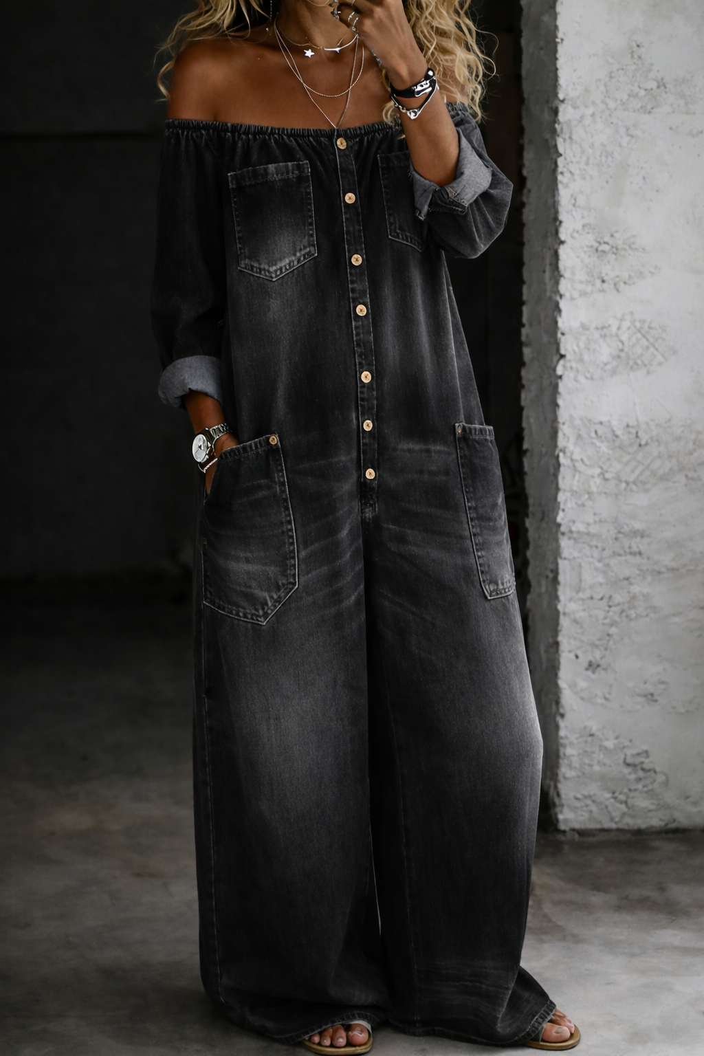 Elena™ | Salopette in Denim con Design Off-the-Shoulder