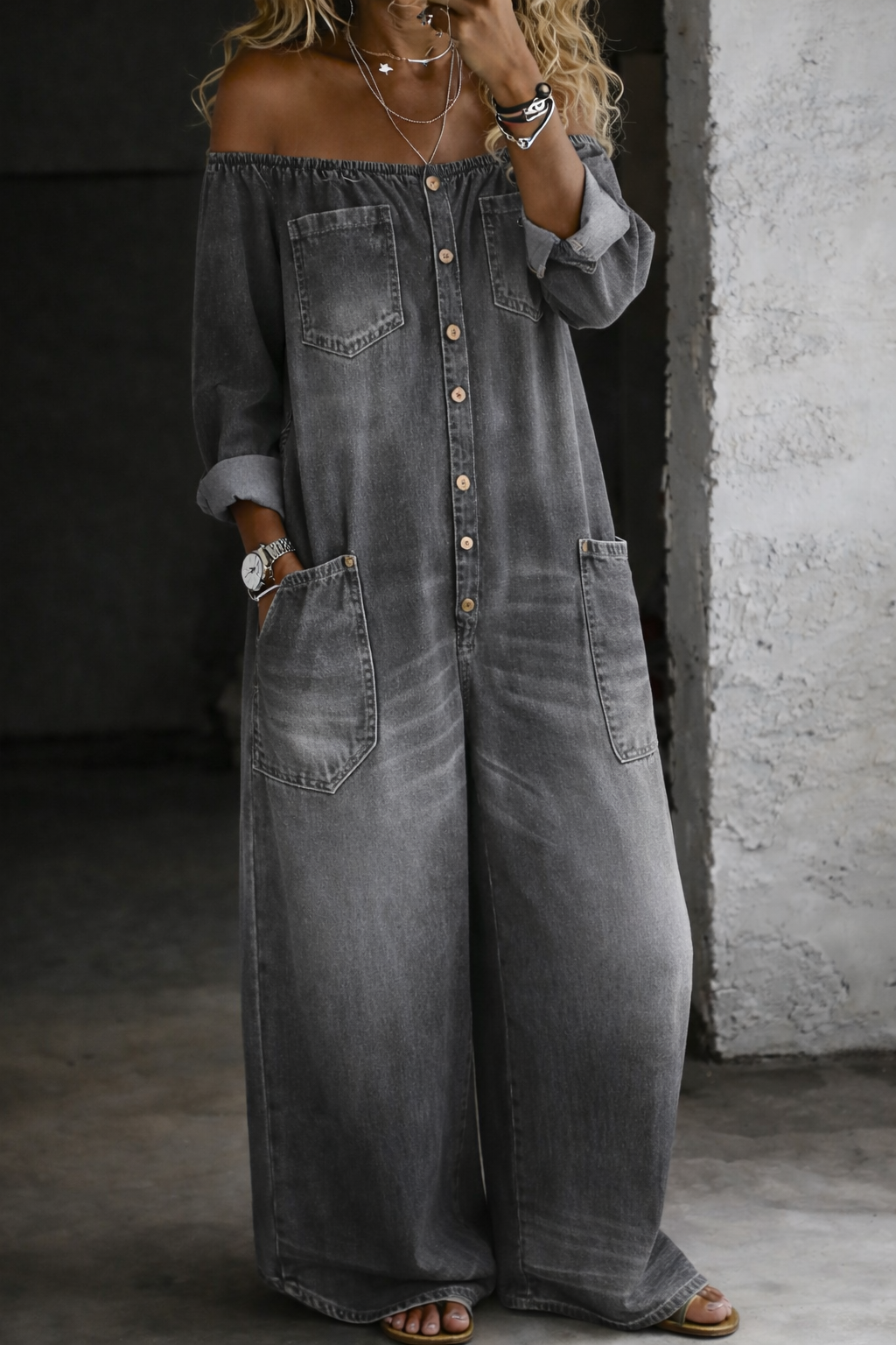 Elena™ | Salopette in Denim con Design Off-the-Shoulder
