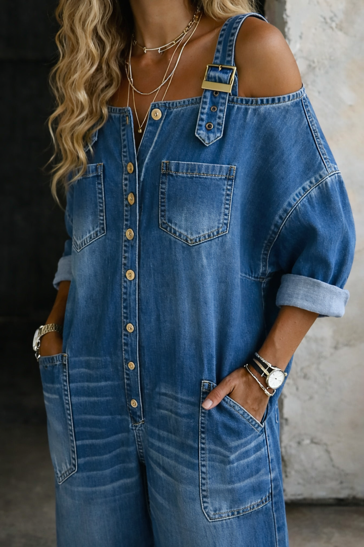 Sophia™ | Salopette in denim con design off-shoulder