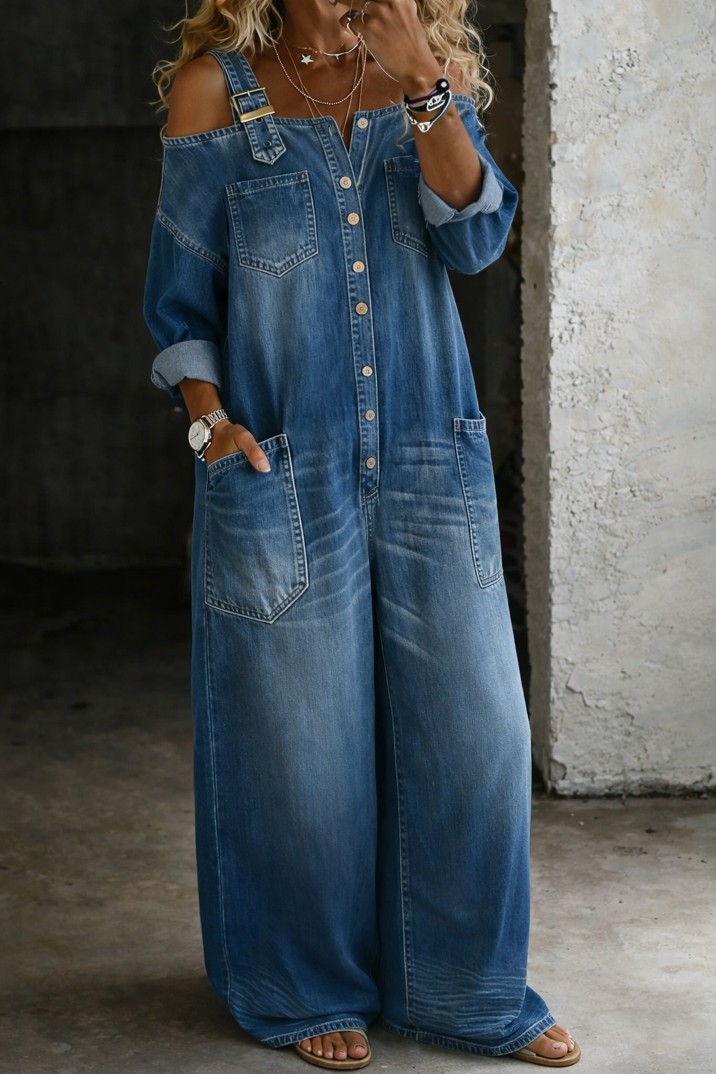 Sophia™ | Salopette in denim con design off-shoulder