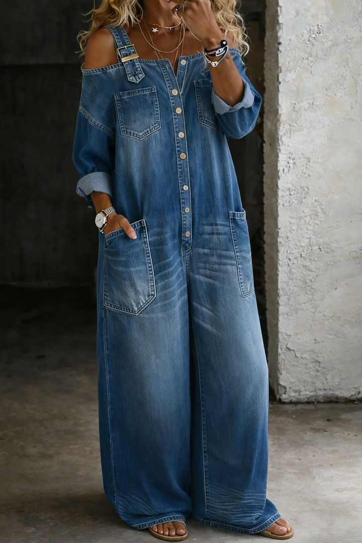 Sophia™ | Salopette in denim con design off-shoulder