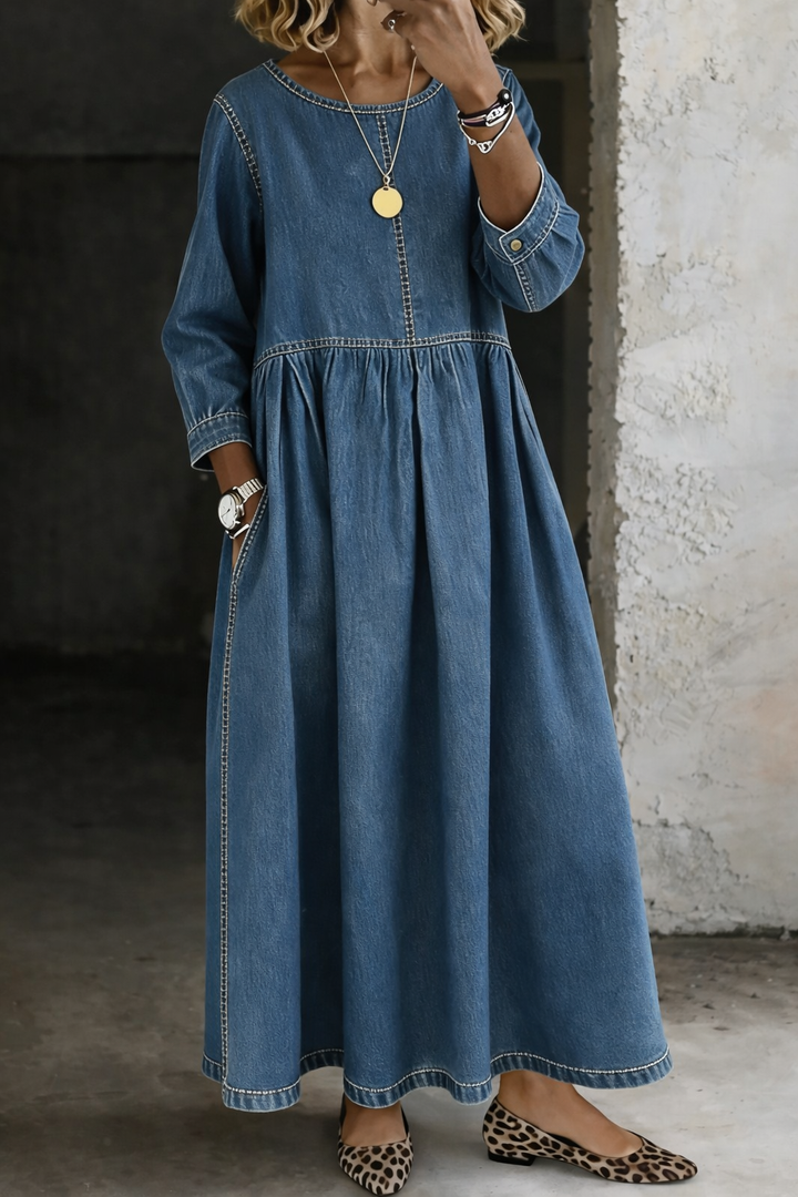 Melissa™ | Abito lungo in denim con scollo rotondo e maniche lunghe