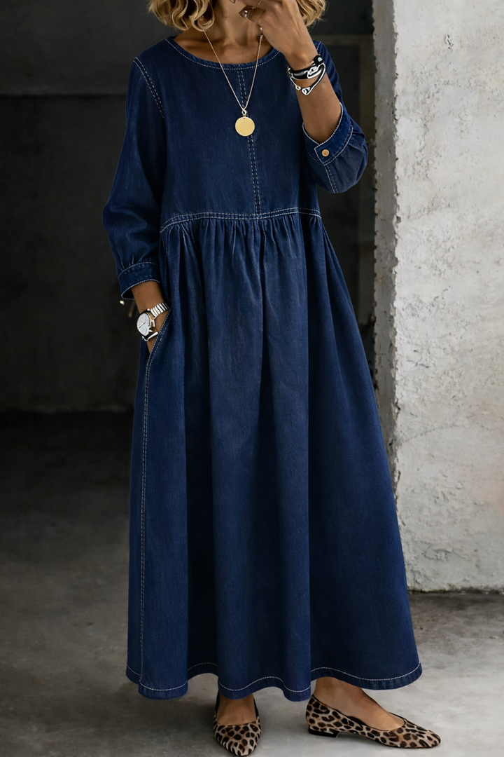 Melissa™ | Abito lungo in denim con scollo rotondo e maniche lunghe
