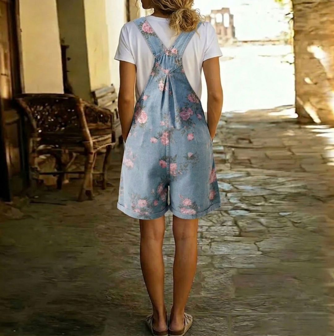 Judy™ | Salopette in Denim Lavato Vintage con Motivo Floreale