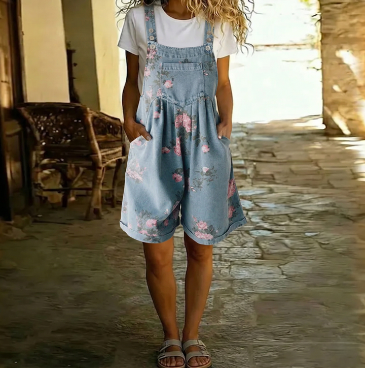 Judy™ | Salopette in Denim Lavato Vintage con Motivo Floreale