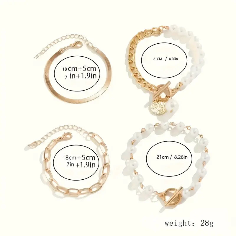 Set di 4 bracciali Chic Gold – Serpente, perle e maglie | Oro