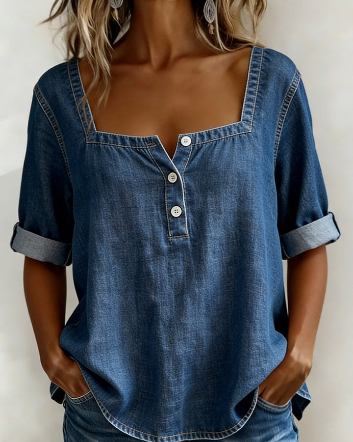 Avélia™ | Camicia in Denim con Collo Quadrato